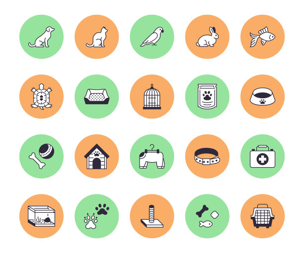 宠物店平线图标设置。狗载体，猫挠器，鸟笼，兔子，鱼缸，宠物爪子，项圈矢量插图。兽医的瘦弱迹象图片下载