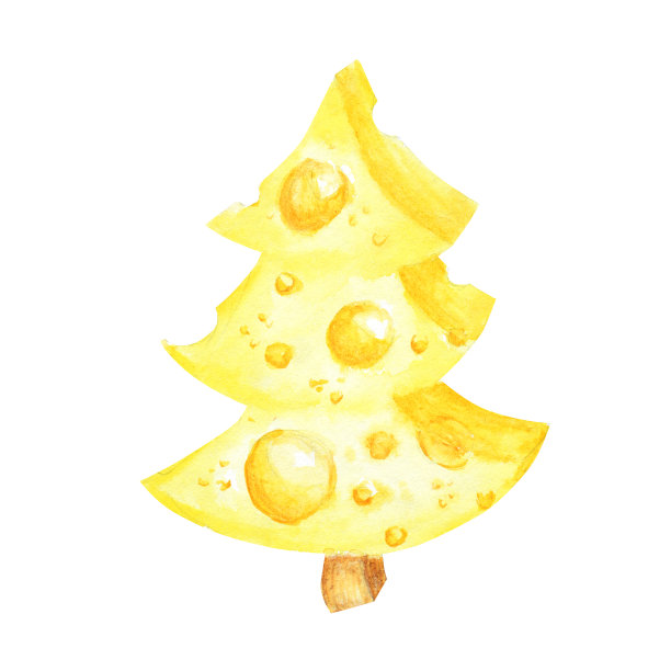 水彩画一片三角形的黄色奶酪。老鼠最喜欢的食物。奶酪的圣诞树。白底插图图片下载