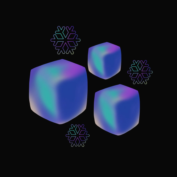 三个冰块和雪花符号孤立在黑色背景上。图片下载