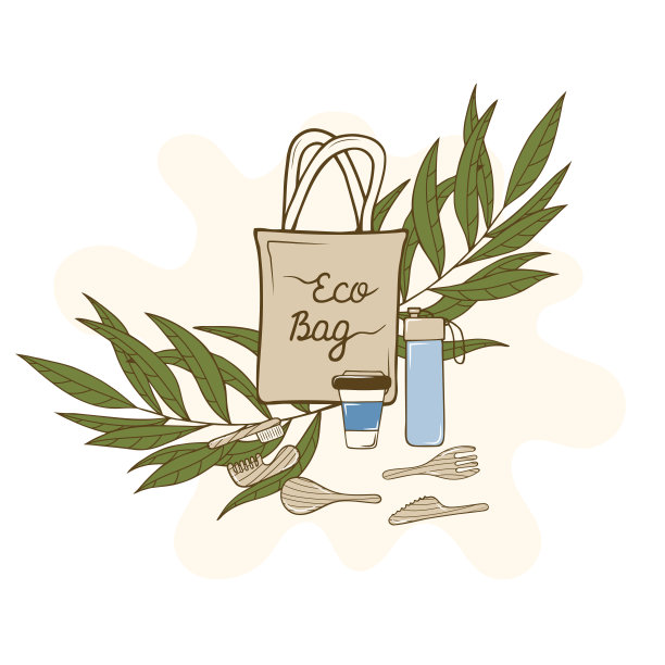 具有自然和有机元素的可重复使用的环保袋，餐具。花零浪费的概念。图片下载