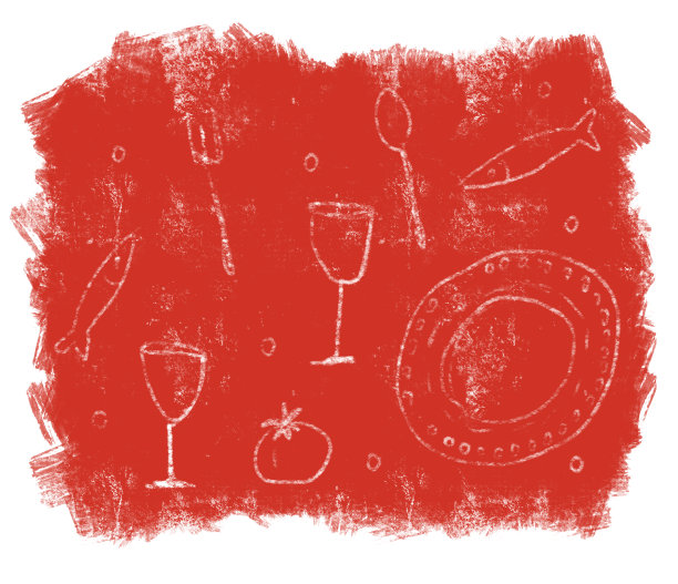 用鱼、刀叉、餐具画出餐桌上的食物图片下载