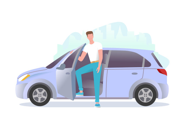 一个年轻人站在车旁边。一个男人正上了车。图片下载