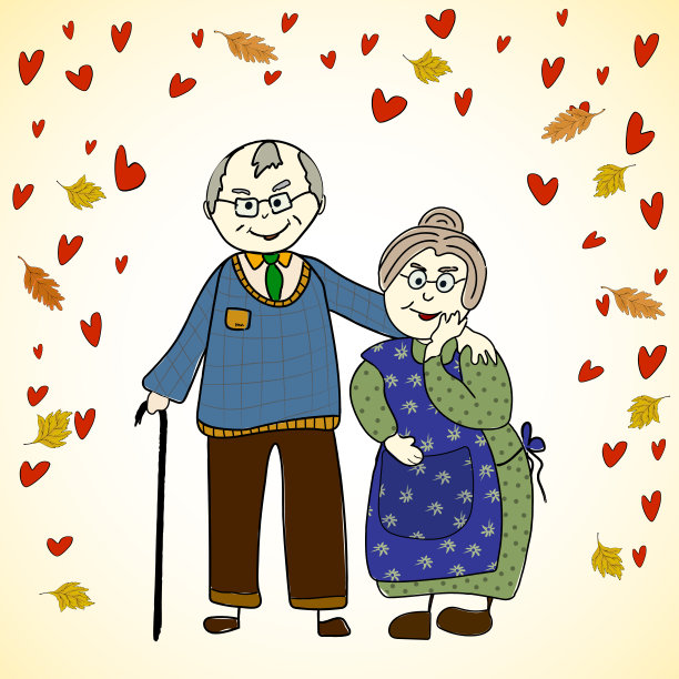 年老的祖父母在树叶和心的背景下拥抱在一起。幸福的晚年和爱情图片下载