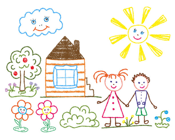 孩子们用铅笔画夏天、友谊、家庭的主题。图片下载