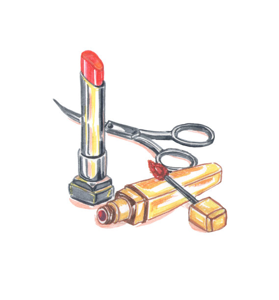 白色背景上的红色唇膏和指甲剪刀图片下载