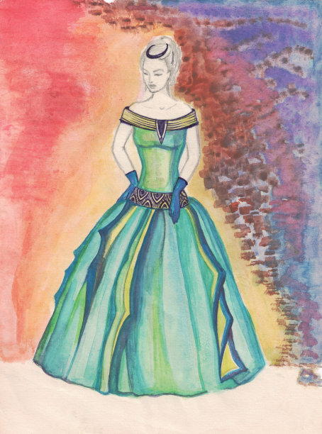 女孩穿着一件绿色的漂亮裙子，橙色的背景图片下载