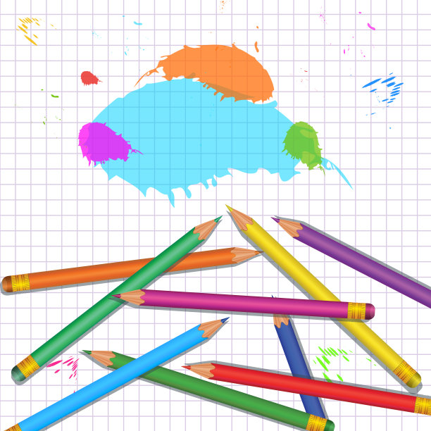 学校用品与现实的彩色铅笔堆背景孤立在白色背景与网格模式和油漆飞溅。回到学校的设计元素为横幅，海报，传单图片下载
