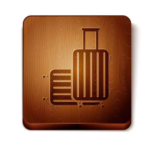 棕色旅行箱旅行图标孤立在白色背景。旅行的行李的迹象。旅行的行李图标。木制方形按钮。矢量图图片下载