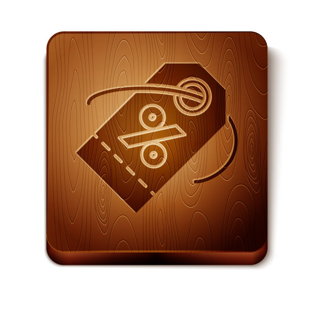 棕色折扣百分比标签图标孤立在白色背景。购物标记符号。特别优惠的迹象。折扣券的象征。木制方形按钮。矢量图图片下载