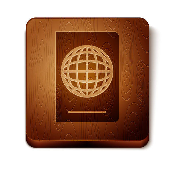 棕色护照，生物数据图标隔离在白色背景。身份证明文件。木制方形按钮。矢量图图片下载