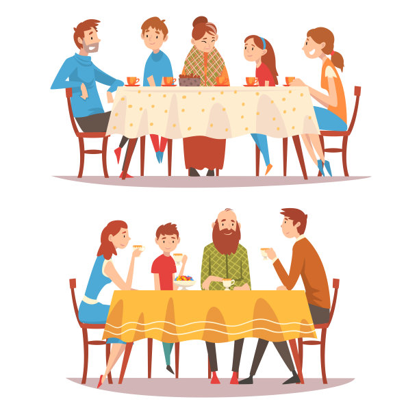 家庭坐在厨房餐桌上，快乐的父母，祖父母和孩子吃东西，喝茶和互相交谈矢量插图图片下载