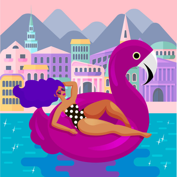 迷人的女人在一个巨大的时尚游泳圈里休息，这个游泳圈是一个粉红色的火烈鸟，以酒店和别墅为背景图片下载