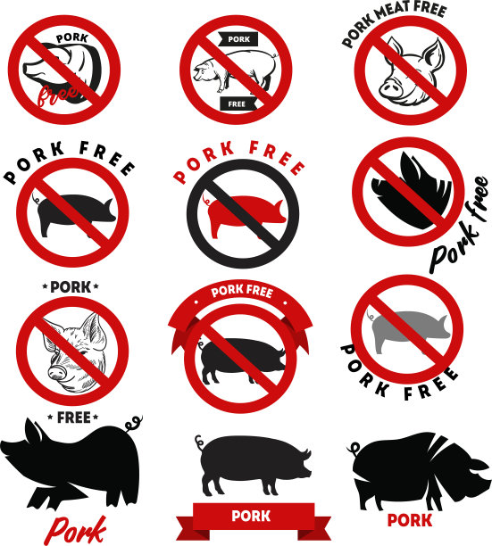 收集矢量红色和黑色标志，图标和徽章设计与猪肉无猪肉，猪肉免费和猪剪影图标表示猪肉内容隔离在白色图片下载