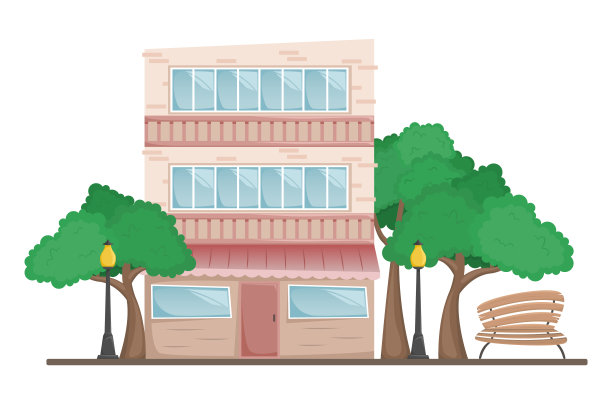 砖砌的低层建筑，一楼有一个商店，有树和一个带灯笼的长凳。图片下载