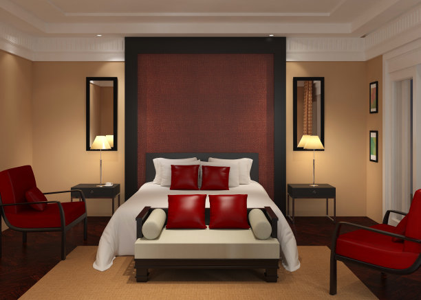 卧室或酒店房间室内3D插图逼真渲染图片下载