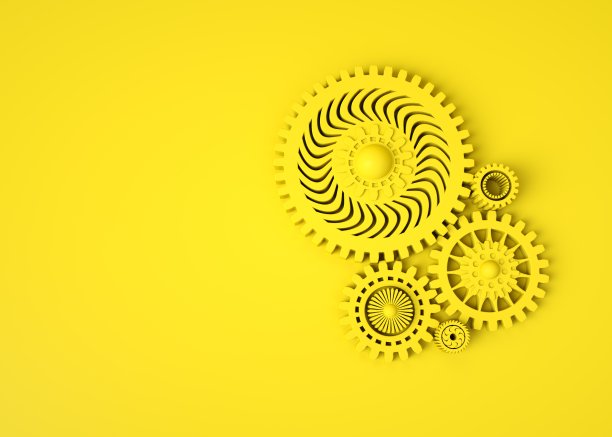 抽象三维几何设计。黄色背景上的黄色齿轮组成。单色。机械技术机械工程概念。Copyspace图片下载