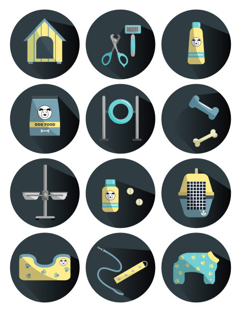 带有长阴影的狗护理图标。不同的狗用品。图片下载