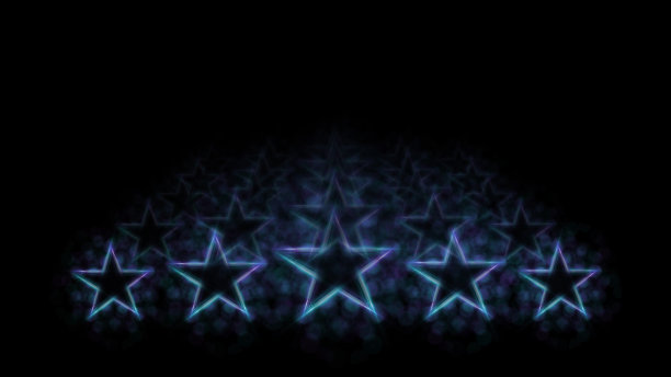 高质量评级。评价和分类。五颗蓝色霓虹星在黑色背景和透视反射。副本的空间。图片下载