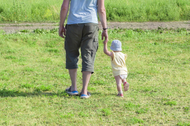 1岁的小女孩牵着爸爸的手。父亲和孩子穿过绿色的草地。宝宝学会走路需要父母、夫妇和家人的支持图片下载