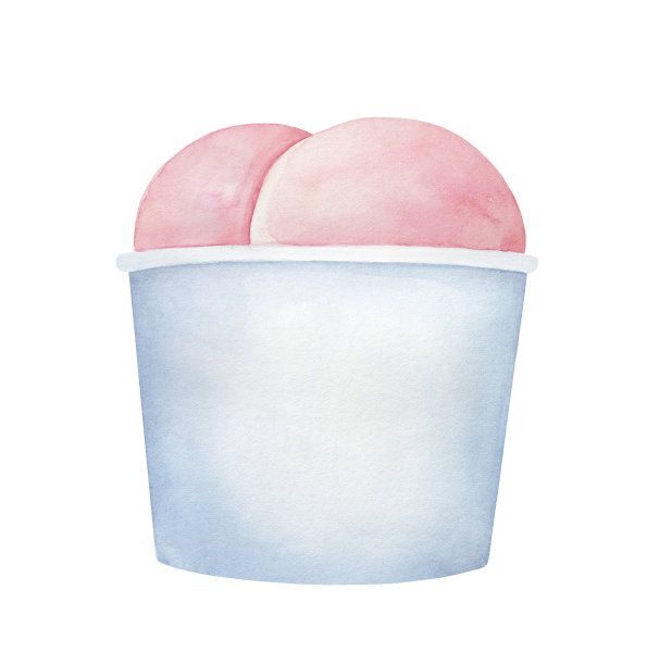 粉红色的冰淇淋甜点纸杯容器。空白表面可以用来放置任何消息或文本。手绘水彩图形上的白色背景，切割剪辑艺术元素的设计。图片下载