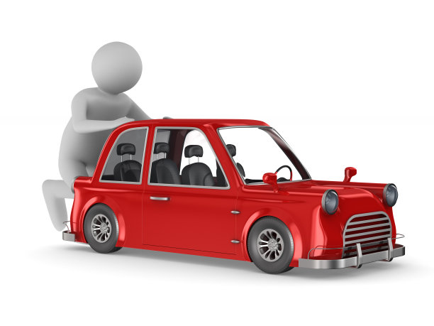 一名男子在白色背景下推着一辆破车。孤立的3 d演示图片下载