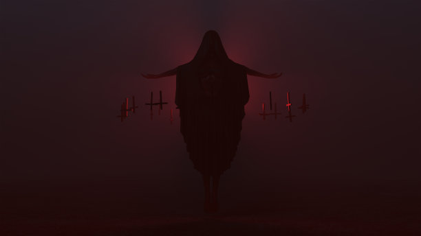 漂浮的独眼恶魔与黑色斗篷未来派诱人的吸血鬼恶魔未来派高级定制和颠倒漂浮十字架抽象的恶魔在一个雾蒙蒙的虚空图片下载