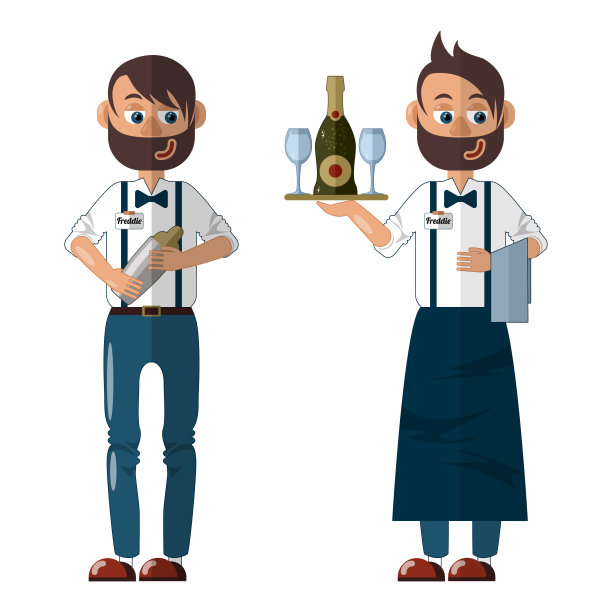 穿制服的酒保有两种样子:围裙，托盘，牛仔裤和搅拌器图片下载