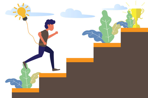商人跑在通往成功奖杯的楼梯上，手持创意灯泡。现代平面设计矢量插图。图片下载