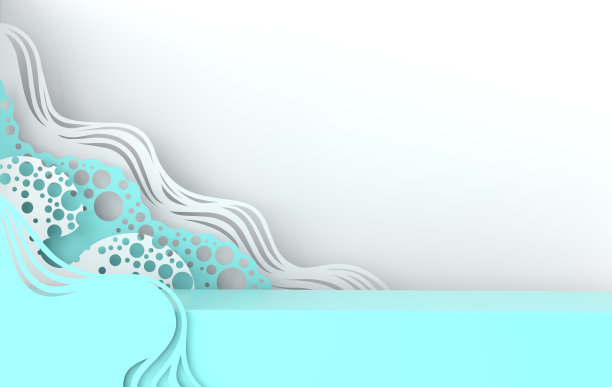 抽象的纸艺术海洋或海洋的波浪和讲台的产品展示。有线条和气泡的纸海浪。剪纸风格3d渲染模型图片下载
