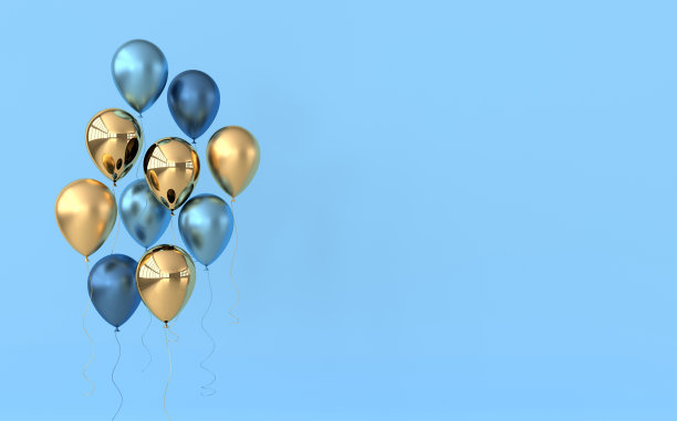 粉彩背景上有光泽的蓝色和金色气球的插图。为生日、派对、社交媒体宣传横幅和海报腾出的空间。3d渲染现实气球图片下载
