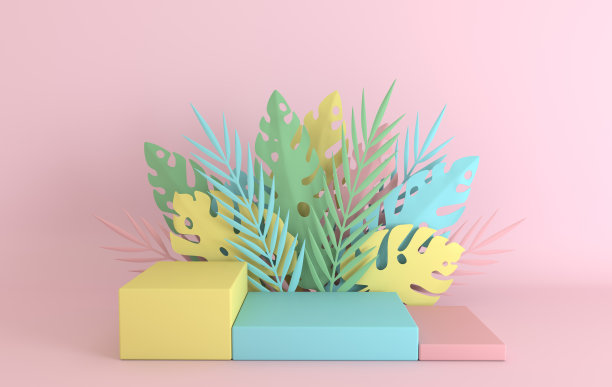 热带纸棕榈，怪物叶和花框架，讲台平台的产品介绍。夏季热带叶。折纸异国丛林，夏日背景。剪纸3d渲染图片下载