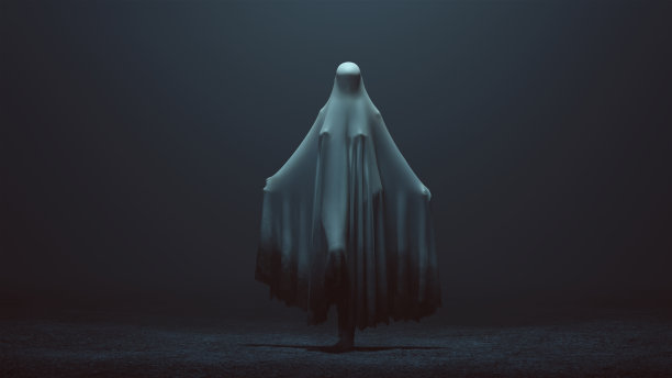 站立的邪恶的灵魂鬼与一个膝盖举起和手臂在一个死亡的裹尸布在一个模糊的空虚正面视图图片下载