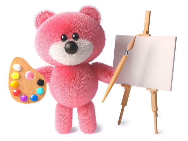 聪明的泰迪熊和可爱的粉色皮毛是一个艺术家的画笔调色板和画架，3d插图图片下载