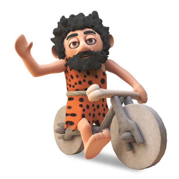 愚蠢的石器时代的穴居人骑在他自制的石头自行车，3d插图图片下载