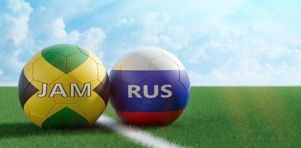 牙买加对俄罗斯足球比赛-足球在牙买加和俄罗斯的国家颜色在足球场上。复制空间的右侧- 3D渲染图片下载
