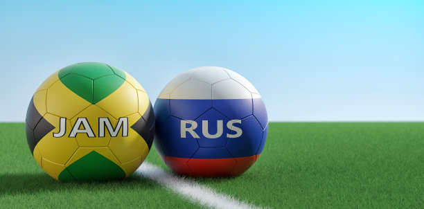 牙买加对俄罗斯足球比赛-足球在牙买加和俄罗斯的国家颜色在足球场上。复制空间的右侧- 3D渲染图片下载