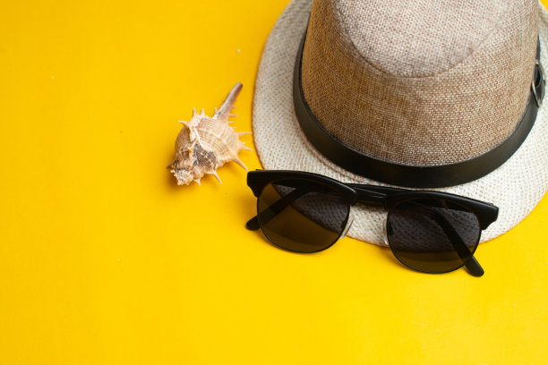 夏日饰品，海贝壳，巴拿马草帽和太阳眼镜在紫罗兰背景。暑假的概念。Copyspace文本图片下载