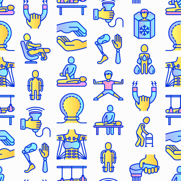 残疾人康复无缝模式与细线图标:磁疗，激光，按摩，淋巴引流，外骨骼，冷冻疗法，生物机电。矢量插图。图片下载