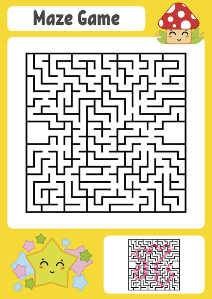 抽象的方形迷宫。孩子工作表。儿童益智游戏。可爱的星星和蘑菇。一个入口，一个出口。迷宫难题。矢量插图。与答案。图片下载