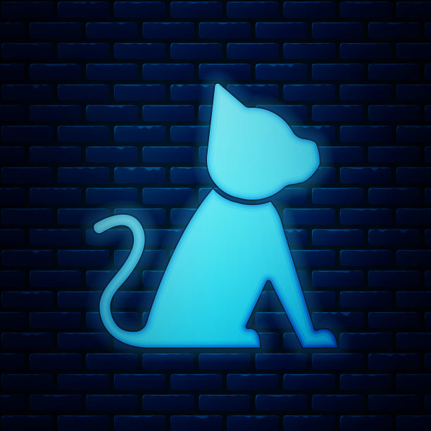 发光的霓虹猫图标孤立在砖墙背景上。矢量图图片下载