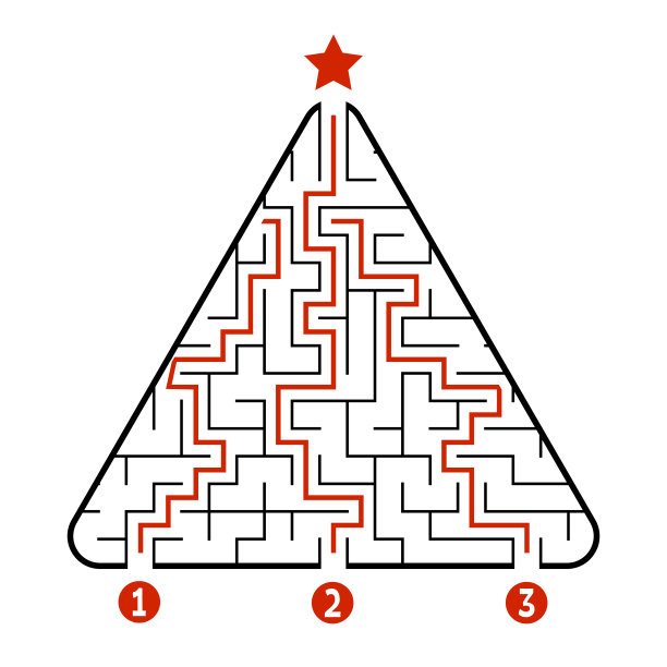 抽象的三角形迷宫。游戏对孩子。对儿童拼图。找到通向星星的正确路径。迷宫难题。矢量插图孤立在白色背景。与答案。圣诞树。图片下载