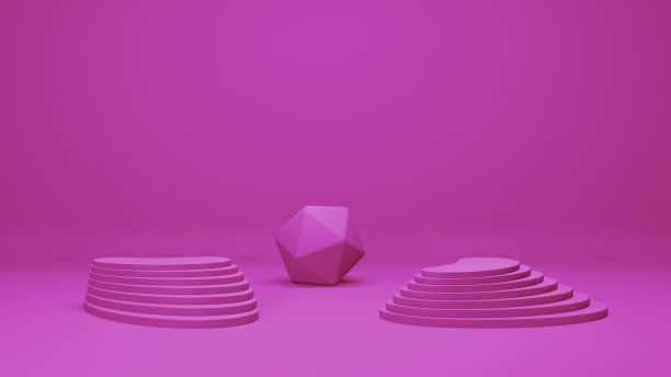 舞台展示室采用紫色，逼真的3d插画。有楼梯，几何形状和空的陈列室，正面视图。图片下载