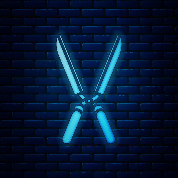 发光的霓虹灯园艺手工剪刀修剪图标孤立的砖墙背景。有木柄的修枝剪。矢量图图片下载