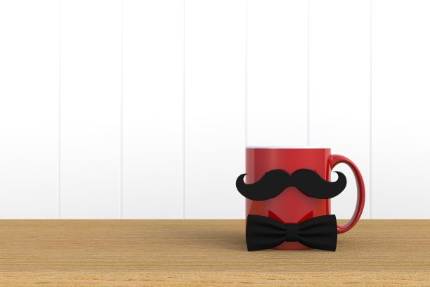 快乐的父亲”u2019年的概念，近距离的咖啡与胡子和领结在白色的木材背景，复制空间，3d渲染图片下载