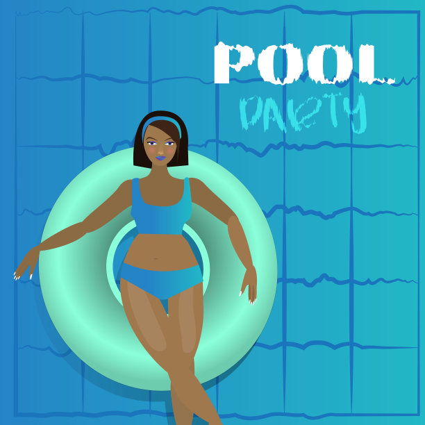 年轻女子在游泳池里圈日光浴，彩色的卡通插图图片下载