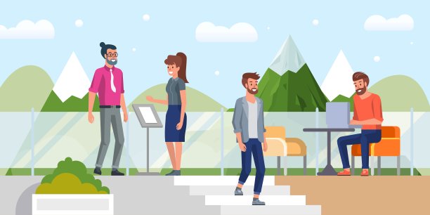 休息和工作在山区度假咖啡馆向量图片下载