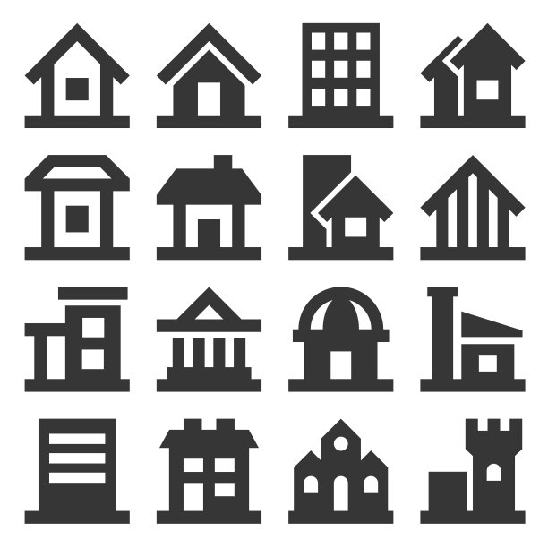 建筑图标设置在白色背景。向量图片下载