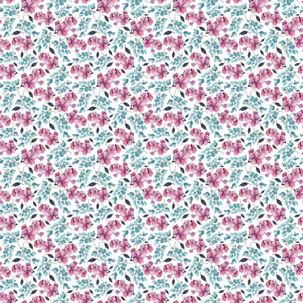 无缝花背景与樱花和薄荷叶。手绘水彩画。图片下载