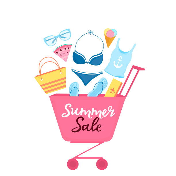 购物手推车与海滩项目和配件放松。女士泳衣，太阳镜，人字拖，包，机票图片下载