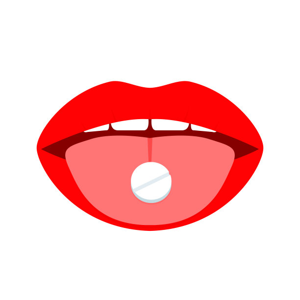 药片在舌头上。女人服药。张开的嘴与性感的女性的嘴唇孤立在白色的背景。医疗、卫生、制药平面矢量概念。图片下载